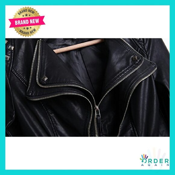 Faux Leather Biker Jacket Studded Vintage Moto Chic Perfectly Shaping - Picture 3 of 7